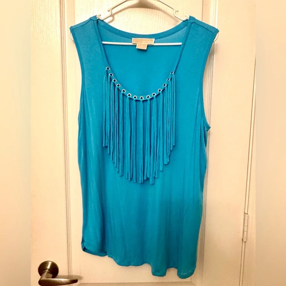 Michael Kors Tile Blue Silver Grommet Fringe Tank Top Size XL EUC - Picture 3 of 7